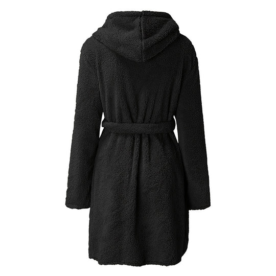Damen Kuscheliger Fleece-Bademantel mit Kapuze und praktischen Taschen EB