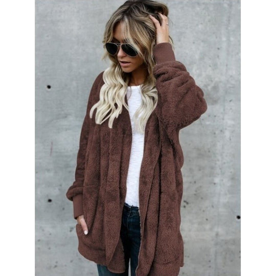 Damen Kuschelige Teddy‑Fleece‑Cardigan mit Kapuze, Oversize‑Schnitt und aufgesetzten Taschen EB