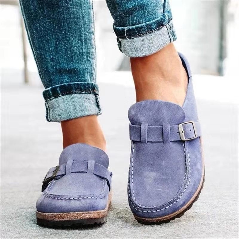 Damen Veloursleder-Slipper mit ergonomischer Korksohle und verstellbarem Schnallenriemen EB