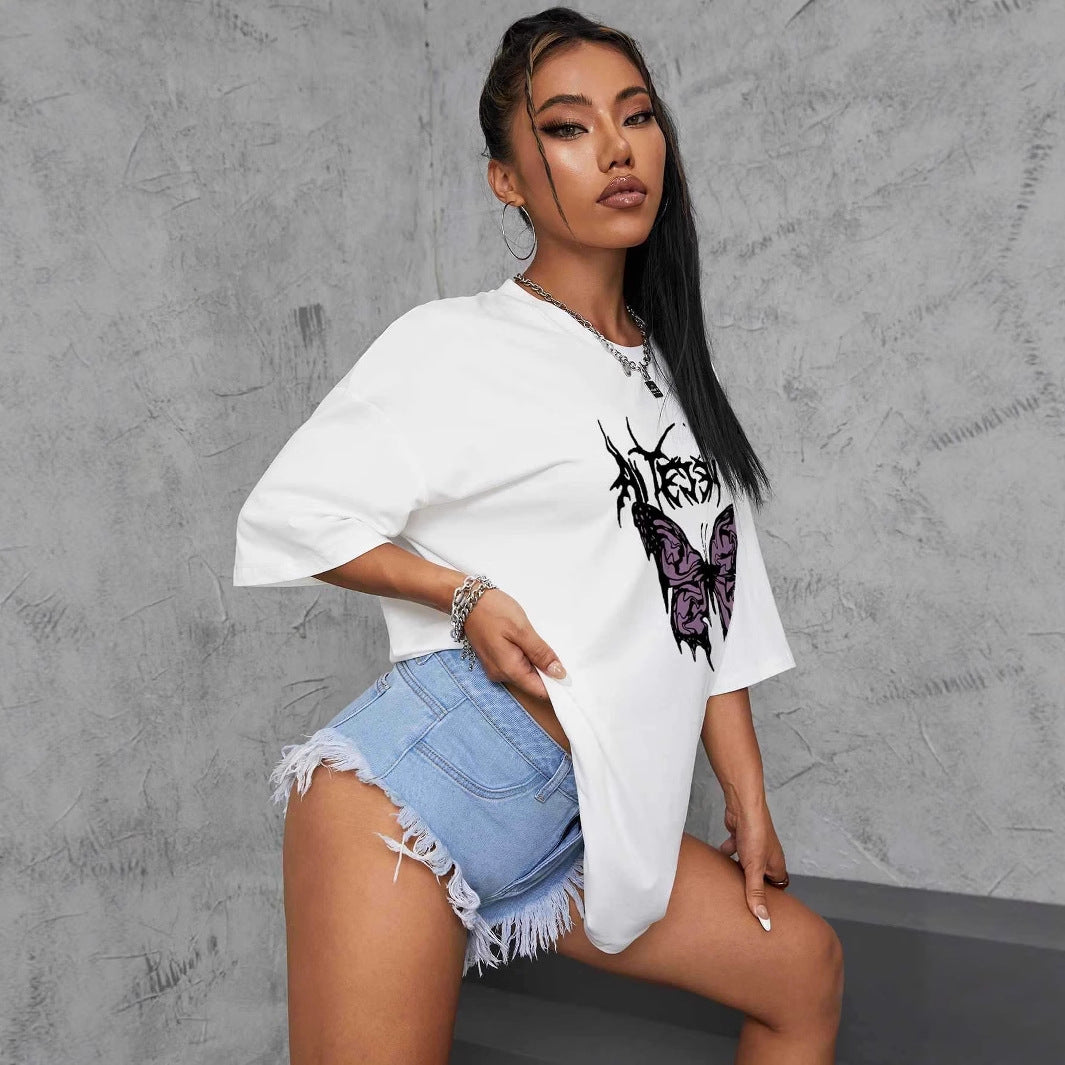 Damen oversized T-Shirt mit kreativem Schmetterlingsdesign EB