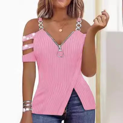 Damen Trendy Off-Shoulder Top mit Reißverschluss und Designer-Riemen EB
