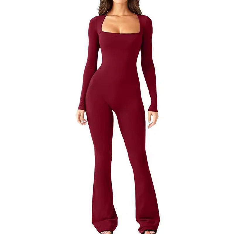 Damen nan figurbetonter Langarm-Jumpsuit mit quadratischem Ausschnitt und ausgestellter Schlaghose EB