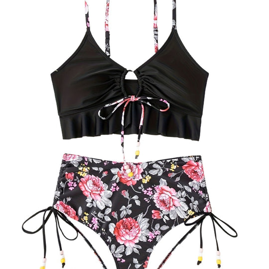 Damen Bikini-Set mit verspieltem Blumenmuster und seitlichem Bindeband EB
