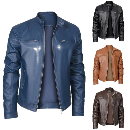 Herren nan schlanke Kunstleder-Bikerjacke mit Stehkragen, durchgehendem Reißverschluss und zwei Brusttaschen EB