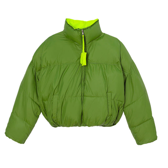 Damen nan kurzer wattierter Boxy-Puffer mit zweilagigem Stehkragen und verdeckter Reißverschlussblende EB