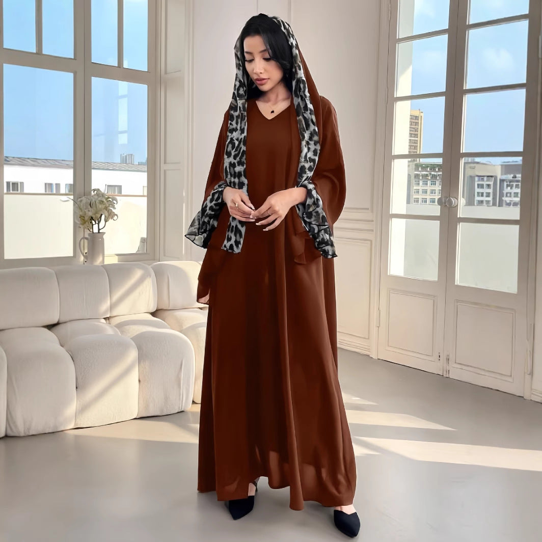 Damen Fließendes Maxikleid mit eleganten Ärmeln und V-Ausschnitt EB