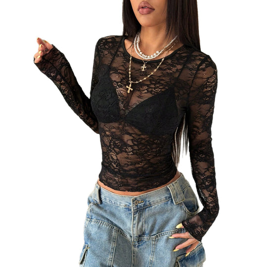 Damen nan tailliertes transparentes Spitzen-Longsleeve mit floralem Ajourmuster und Stretch EB