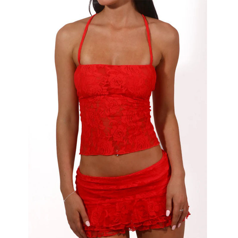 Damen Spitzencrop-Top mit gewelltem Rock EB