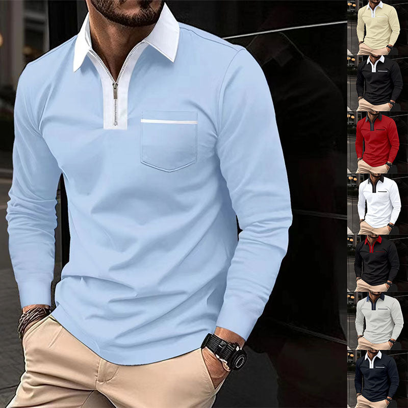 Herren Langarm-Poloshirt mit Halbzip, Kontrastkragen & Brusttasche EB