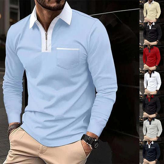 Herren Langarm-Poloshirt mit Halbzip, Kontrastkragen & Brusttasche EB