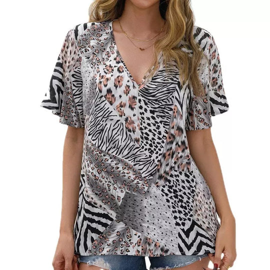 Damen Kurzarm Blusenshirt mit kreativem Tiermuster und V-Ausschnitt EB