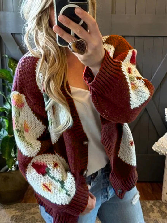 Damen Strickjacke mit floralem Muster und dekorativem Knopfdesign EB