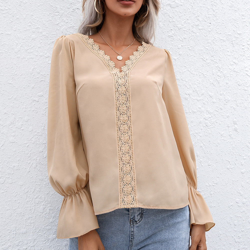 Damen elegante Bluse mit Spitzendetails und Volantärmeln EB