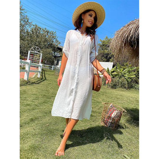 Damen lässiges Sommerkleid mit durchgehender Knopfleiste und seitlichen Taschen EB