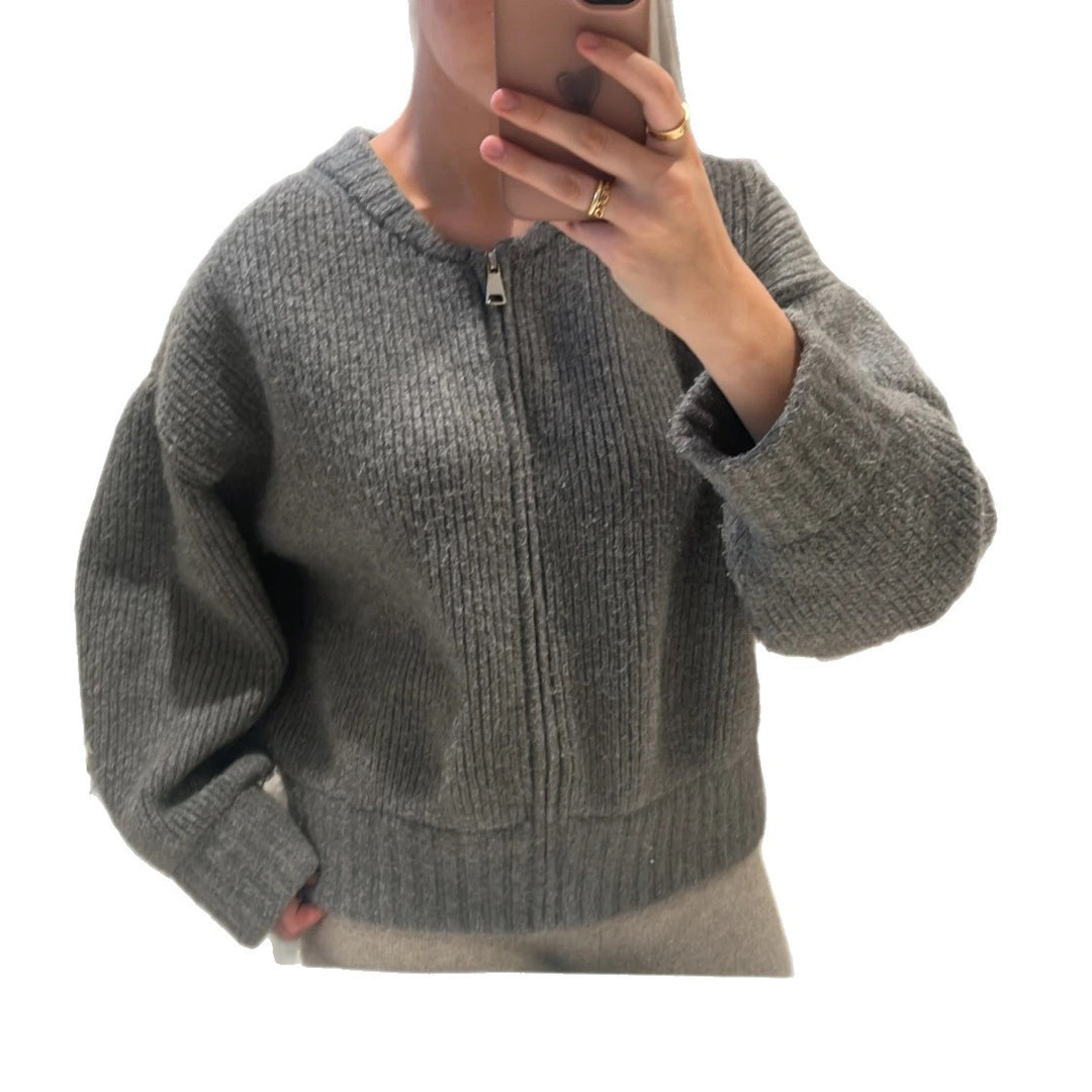 Damen Oversize gerippter Kurzpullover mit Halbzip und überschnittener Schulter EB