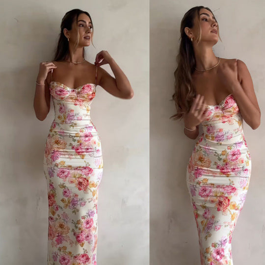 Damen figurbetontes Maxikleid mit floralem Design und elegantem V-Ausschnitt EB