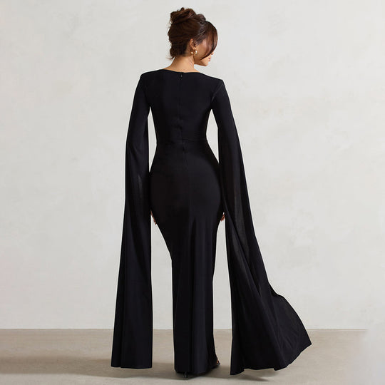 Damen Elegantes Maxikleid mit abnehmbarem Cape und seitlichem Schlitz EB