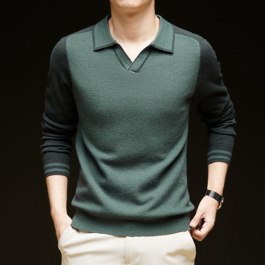 Herren Feinstrickpullover mit V-Ausschnitt und modischem Kontrastdesign EB