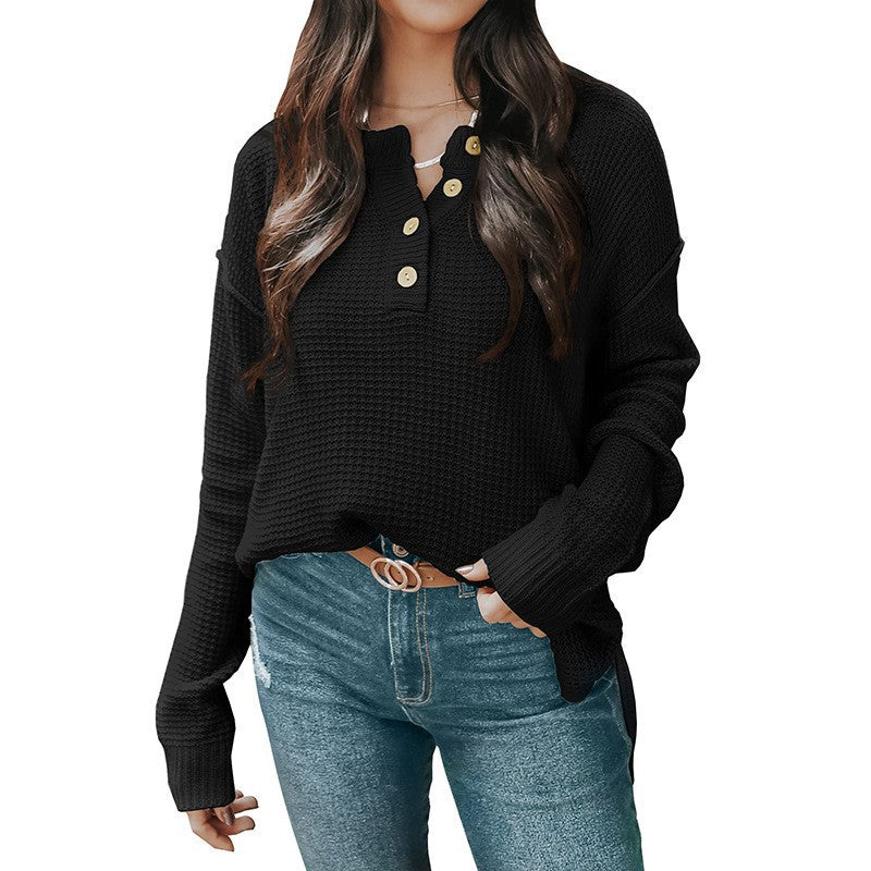 Damen lässiger Oversized Pullover mit Knopfleiste und strukturiertem Material EB