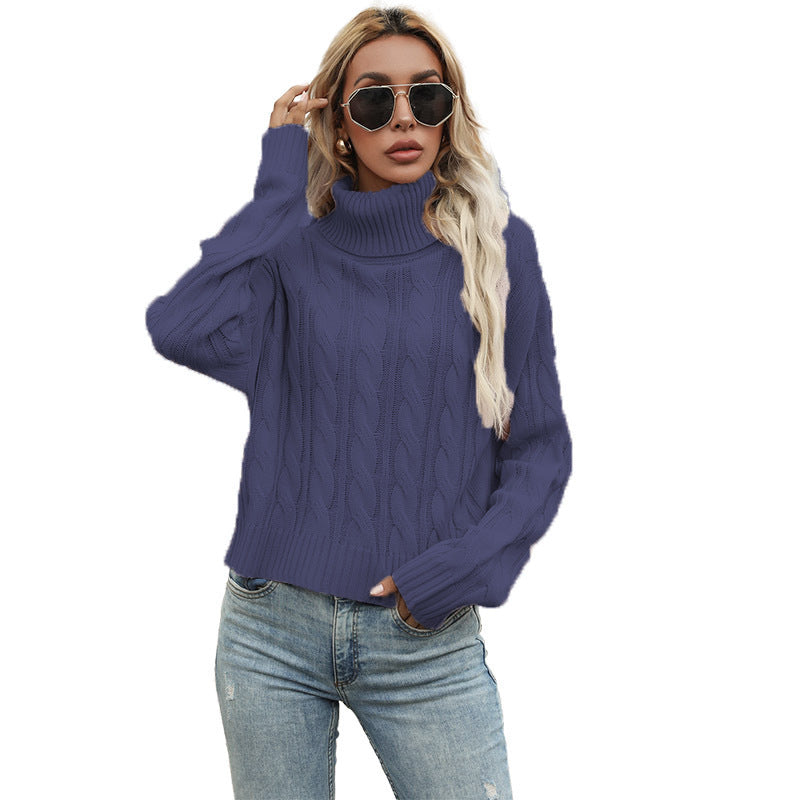 Damen modischer Strickpullover mit hochstehendem Kragen und Kabelstrickmuster EB