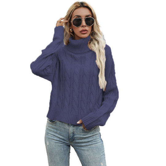 Damen modischer Strickpullover mit hochstehendem Kragen und Kabelstrickmuster EB