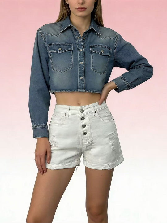 Damen cropped Denim-Jacke mit zwei Taschen EB
