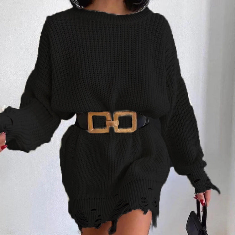 Damen Strickkleid mit asymmetrischem Saum und modischem Gürtel EB