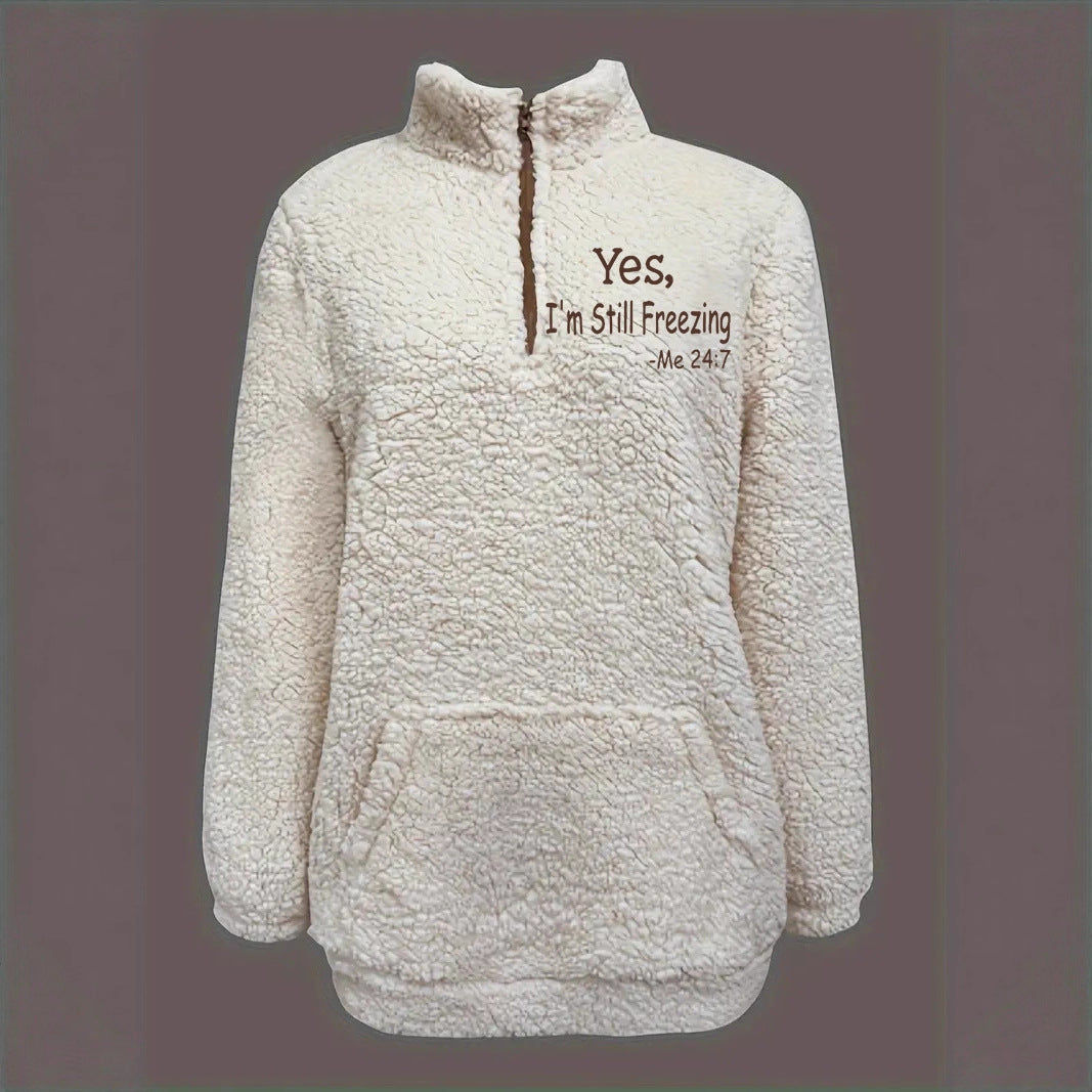 Damen kuscheliger Fleece-Pullover mit kurzem Reißverschluss und originellem Schriftzug EB