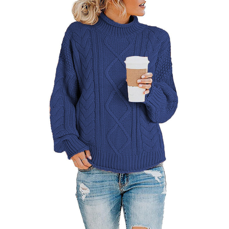 Damen Grobstrickpullover mit hohem Kragen und Bündchen EB