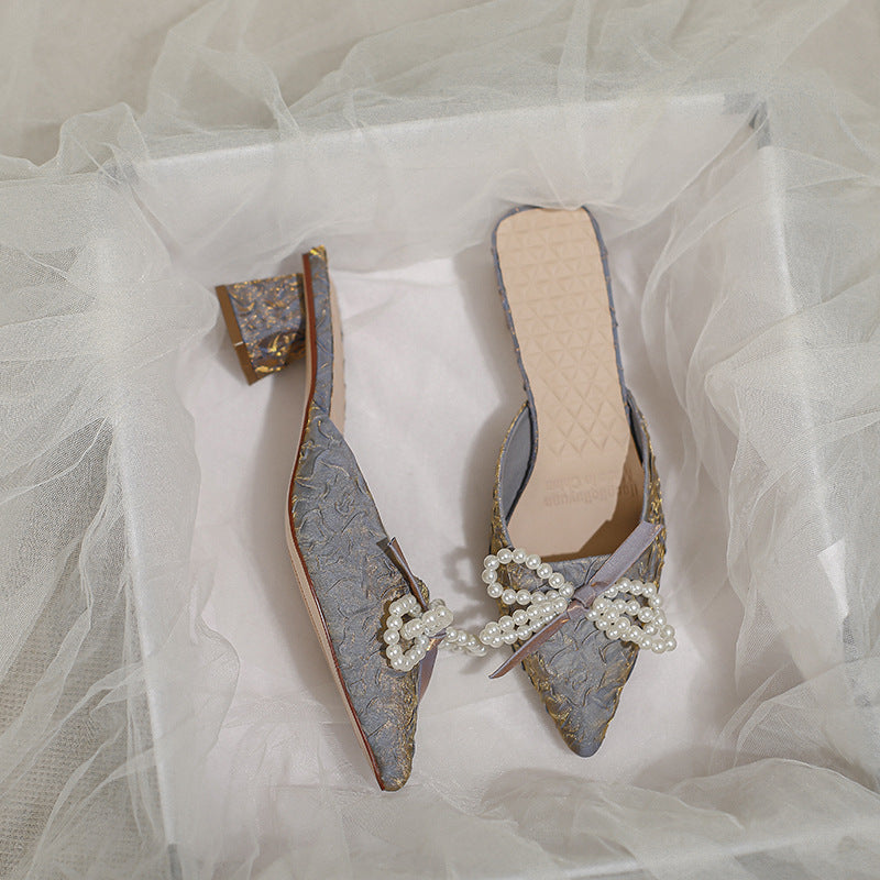 Damen elegante Mules mit perlenverziertem Schleifendetail EB