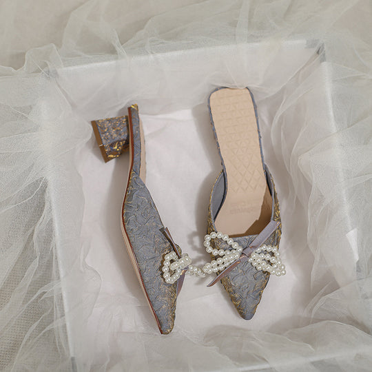 Damen elegante Mules mit perlenverziertem Schleifendetail EB