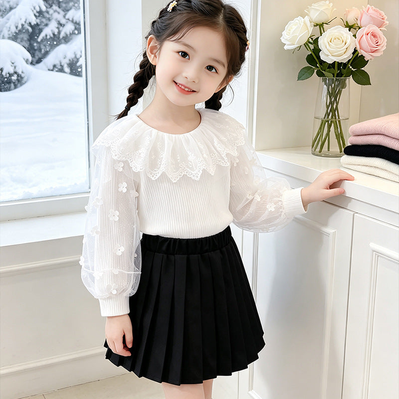 Mädchen Bluse mit floralen Spitzenärmeln und Rüschenbesatz EB