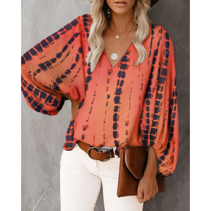 Damen Bluse mit weitem Puffärmel und eleganter V-Ausschnitt EB