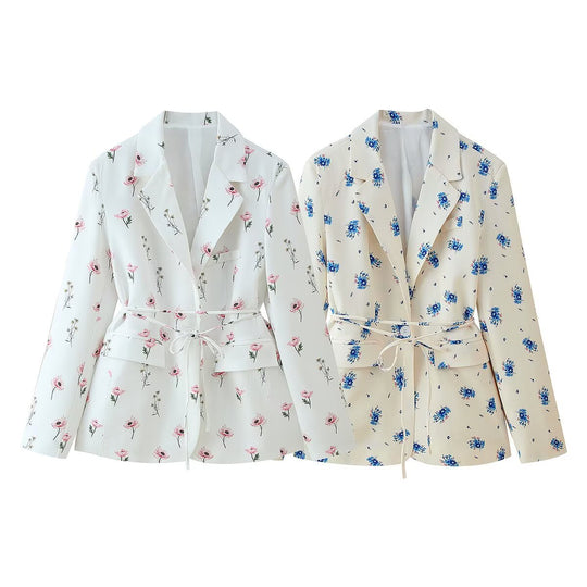 Damen modische Blazerjacke mit floralem Muster und Taillengürtel EB