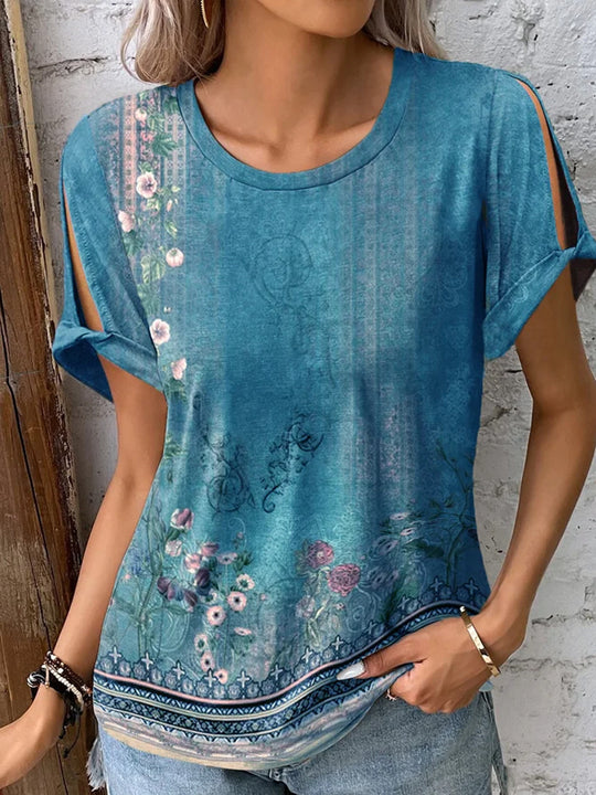 Damen T-Shirt mit floralem Muster und cut-out Ärmeln EB