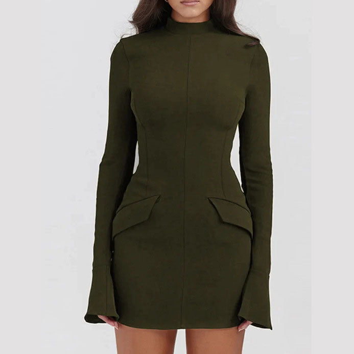 Damen nan tailliertes Minikleid mit Stehkragen Glockenärmeln und Peplum-Detail EB