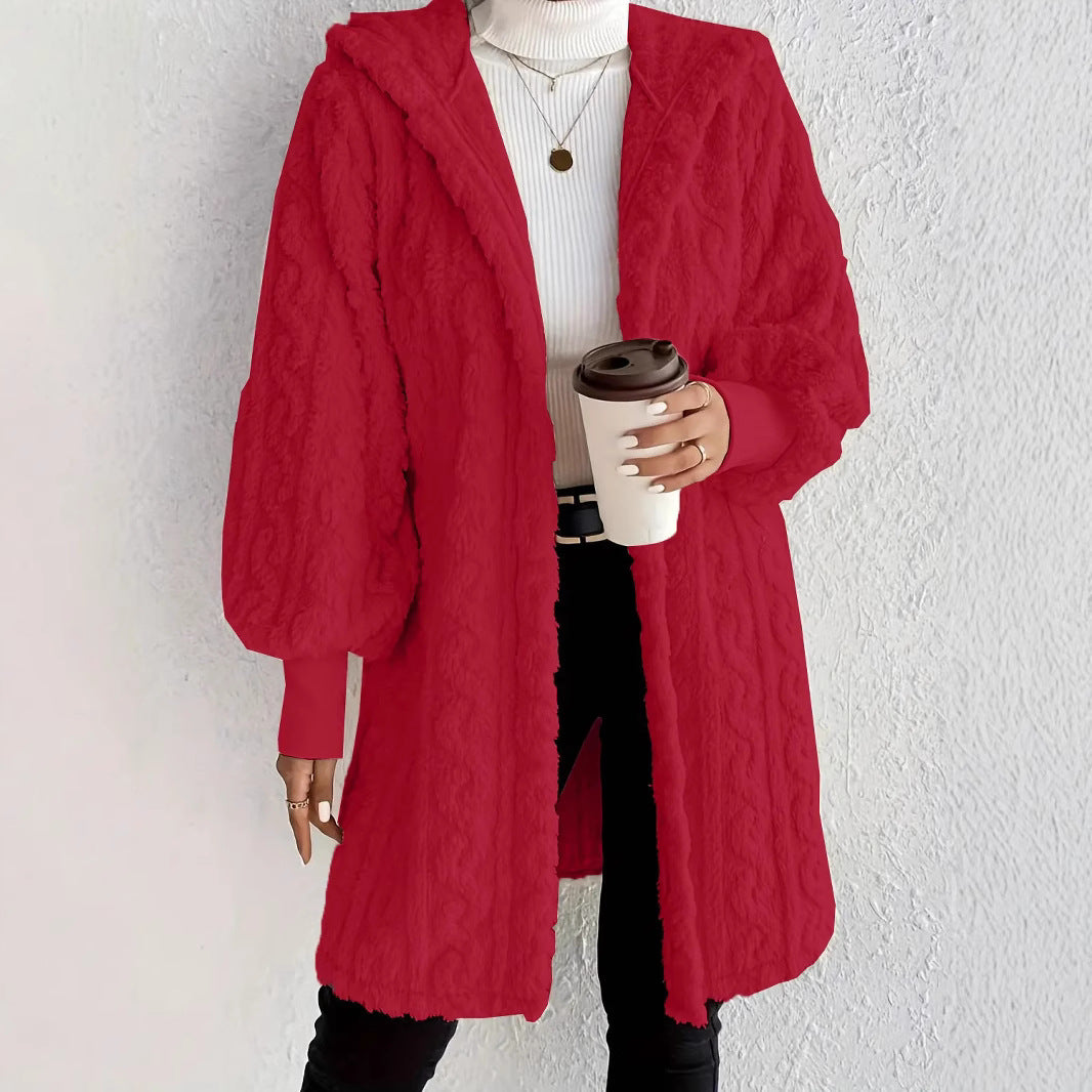 Damen Flauschige Oversized-Strickjacke mit Kapuze und Eingrifftaschen EB