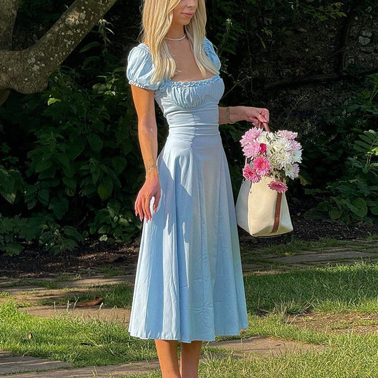 Damen Maxi-Kleid mit voluminösen Puffärmeln und elastischem Ausschnitt EB