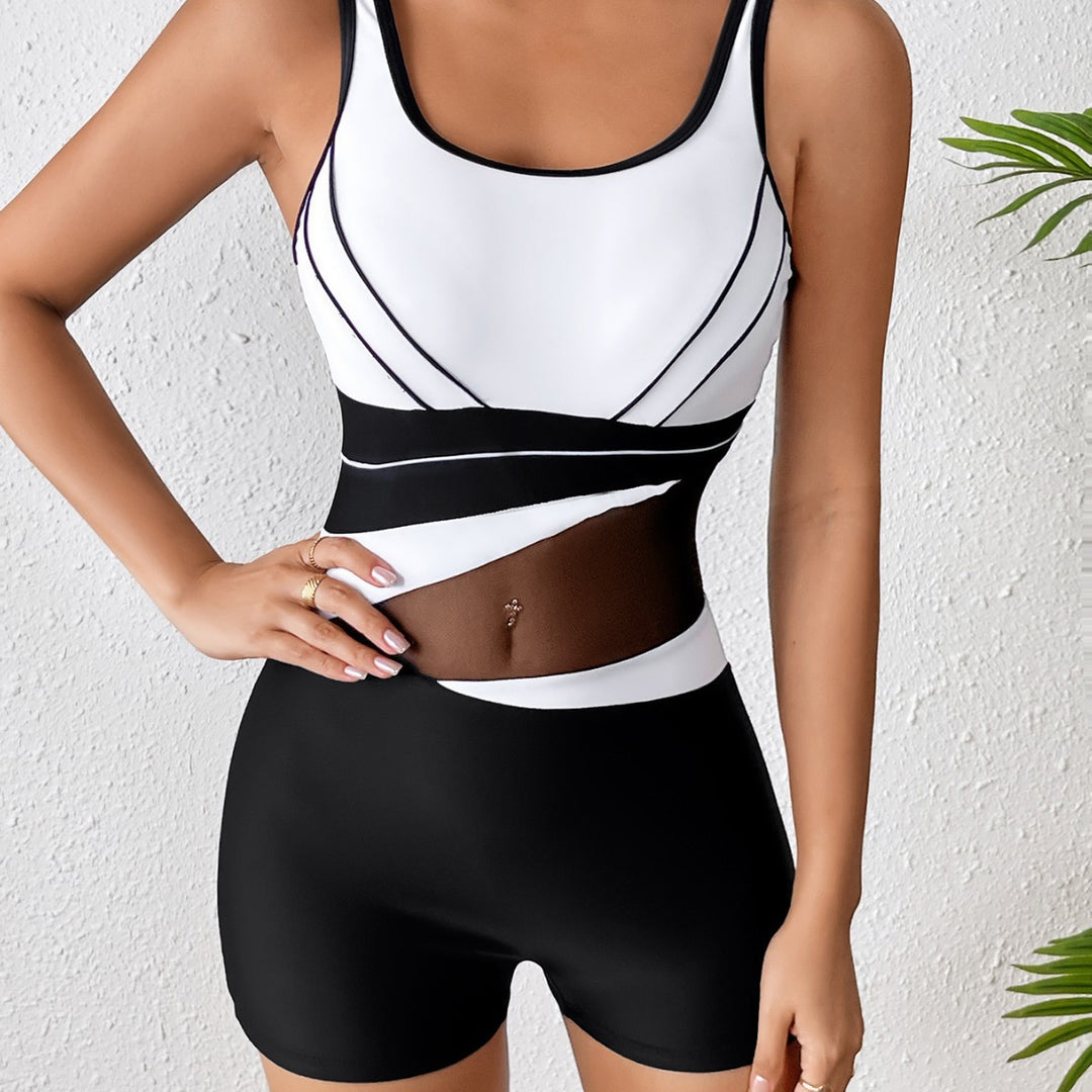 Damen Hochgeschlossener Sportbadeanzug mit modischem Netzdesign EB