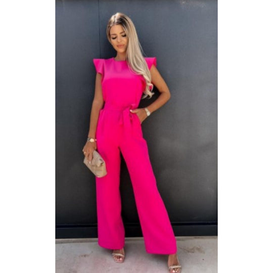 Frauen Fließender Weitbeiniger Jumpsuit mit Rüsche Ärmel EB