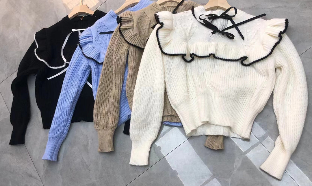 Damen Strickpullover mit eleganter Rüsche und Kapuze EB