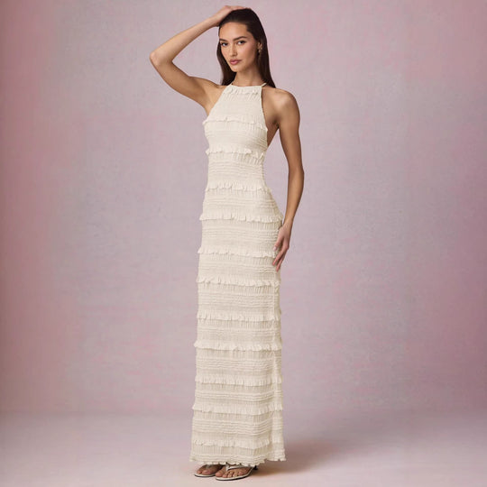 Damen Maxi-Kleid mit fransendem Design und elegantem Halterneck EB