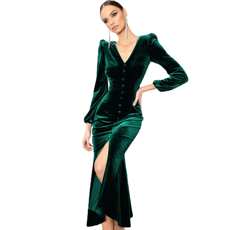 Damen Elegantes Samtkleid mit V-Ausschnitt und Puffärmeln EB