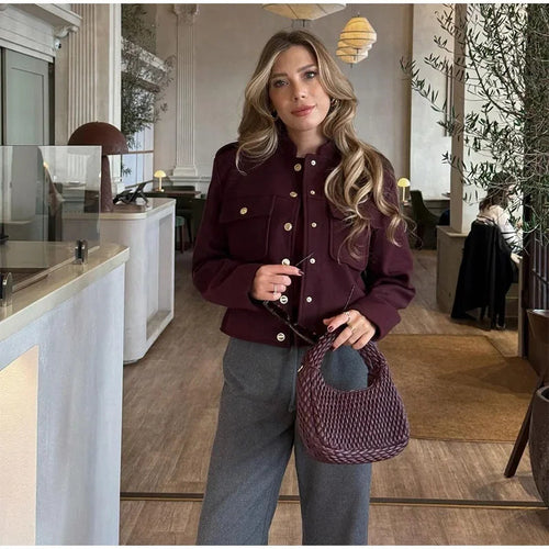 Damen Modische Kurzjacke mit praktischen Taschen und goldenen Druckknöpfen EB