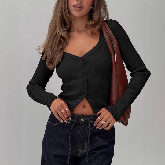 Damen Elegantes Ripp-Cardigan mit V-Ausschnitt und Knopfleiste EB