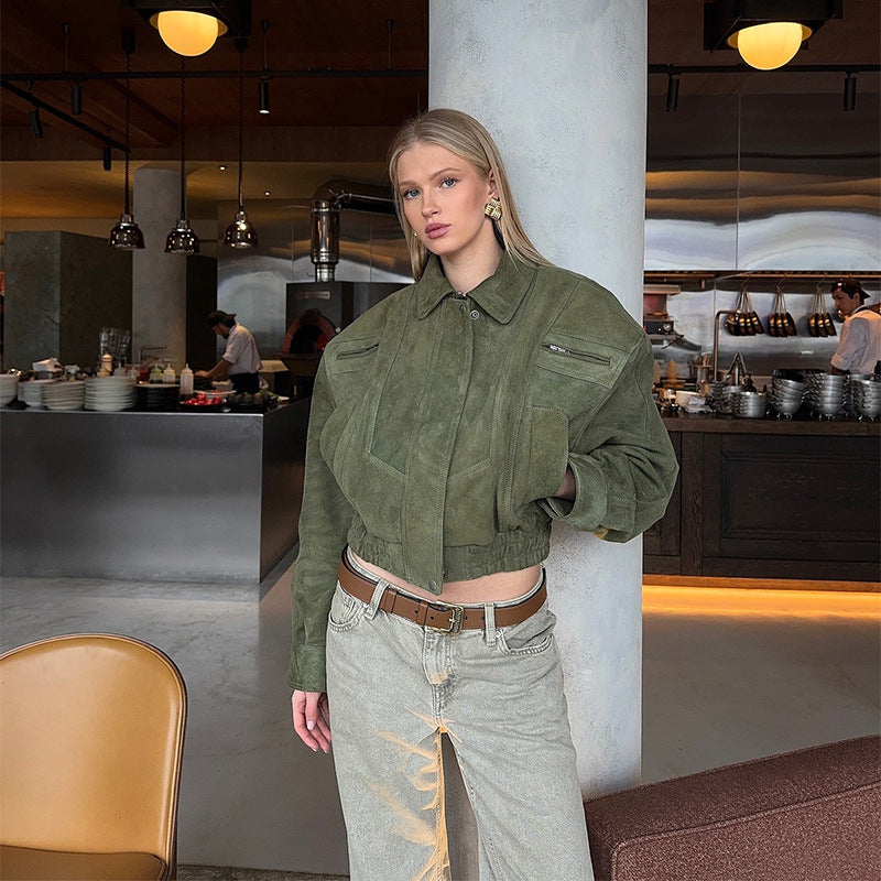 Damen Modische Wildlederjacke im Oversized-Stil EB
