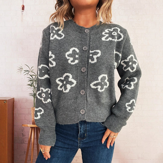 Damen Strickjacke mit floralem Muster und Knopfverschluss EB
