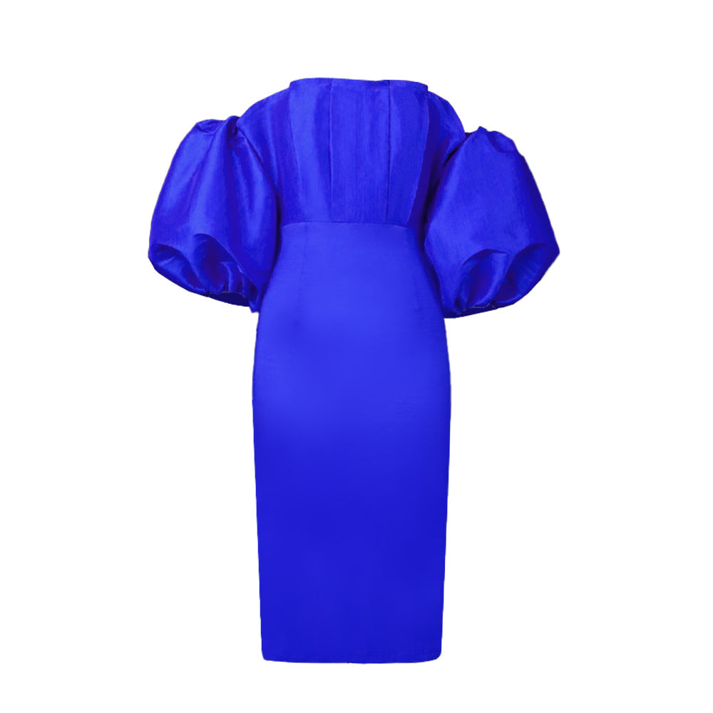 Damen Midi-Kleid mit schulterfreier Gestaltung und voluminösen Ärmeln EB