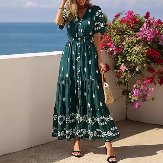 Damen Boho Maxikleid mit floralen Prints und Taillengürtel EB