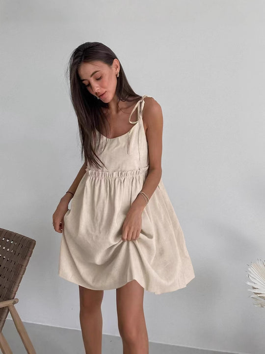 Damen lässiges Spaghettiträger-Kleid mit elastischem Bund und dekorativen Schleifen EB